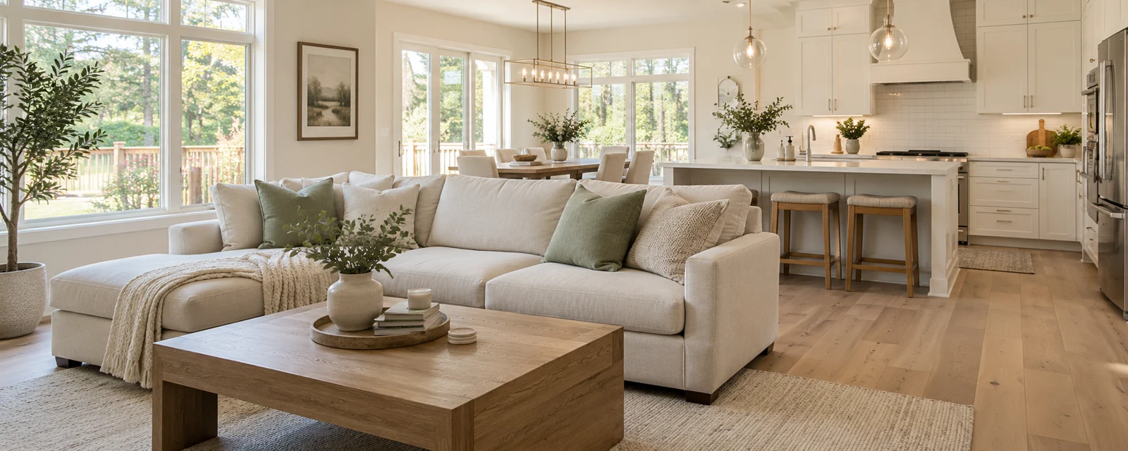 A tidy family home with a living room and kitchen